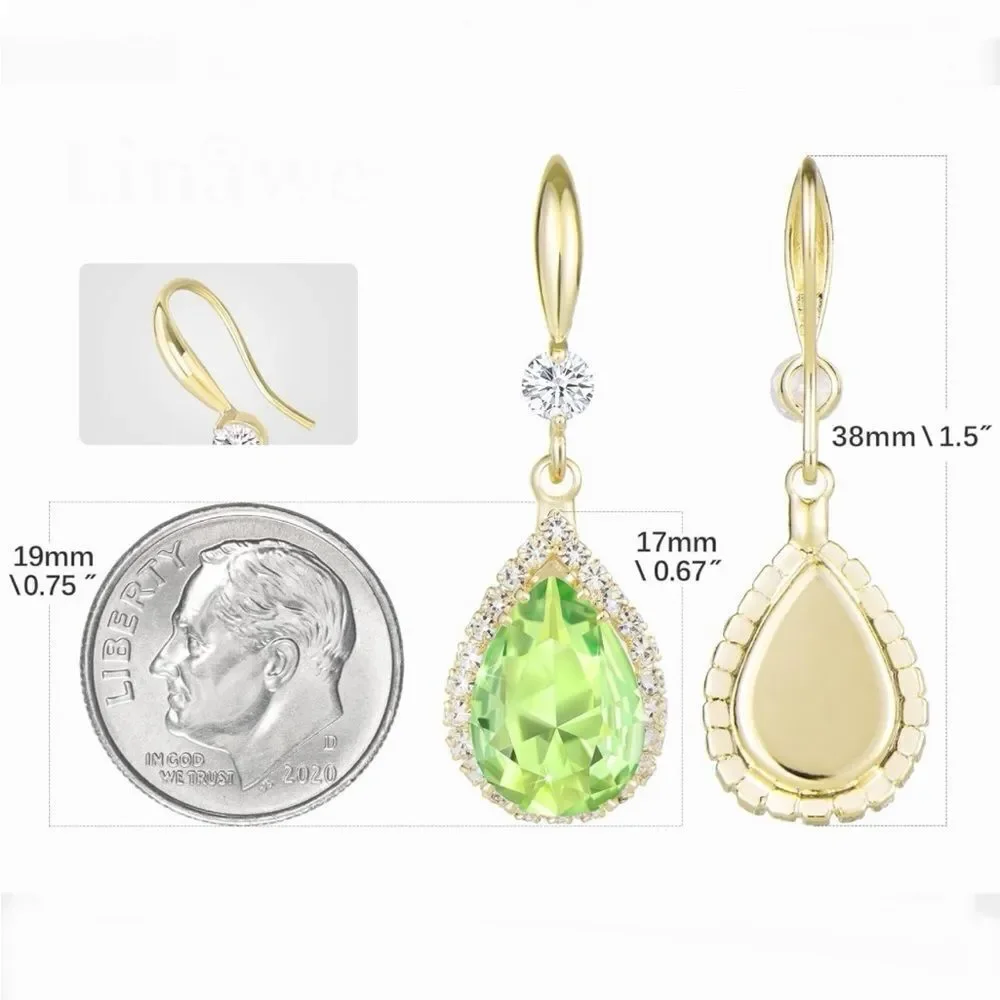 14K Yellow Gold with Peridot Green Cubic Zirconia Teardrop Hook Dangle Earrings